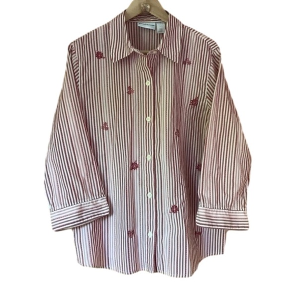 Alfred Dunner Floral Embroidered Striped quarter sleeve Blouse Size 16 - Picture 1 of 10